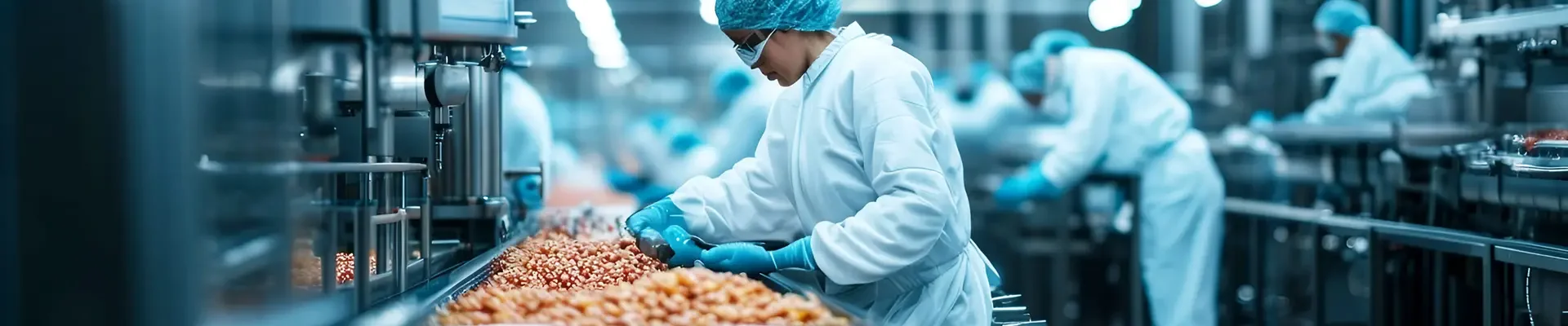 Food Processing Plant with Workers in Protective Gear and Machinery Operation